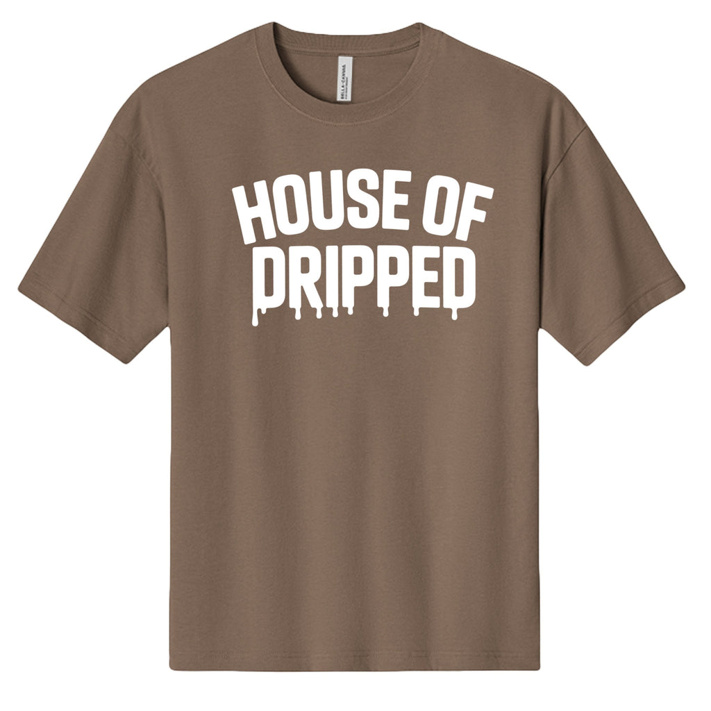 House of Dripped heavyweight brown streetwear t-shirt with white logo graphic and relaxed fit