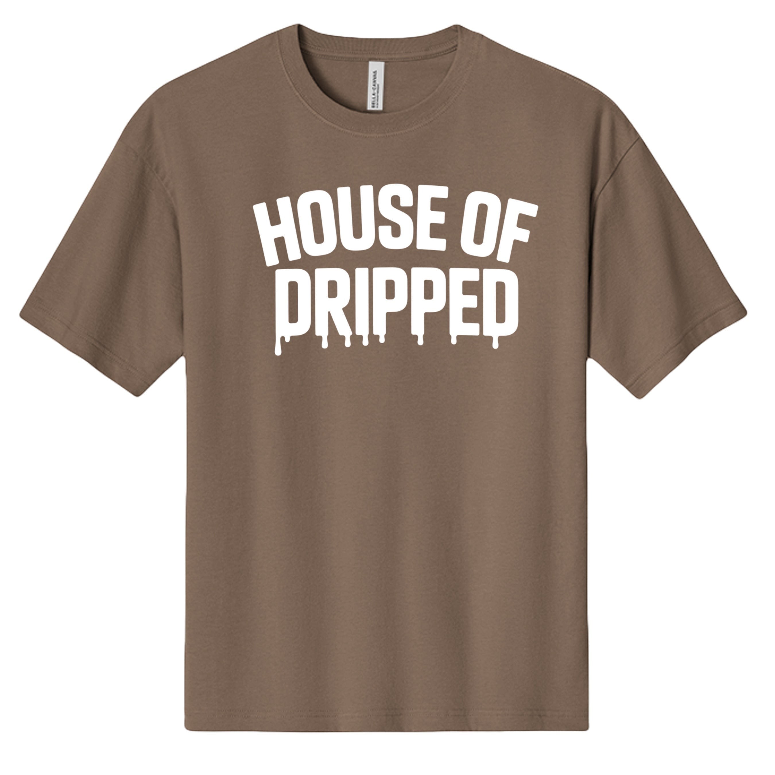 House of Dripped heavyweight brown streetwear t-shirt with white logo graphic and relaxed fit