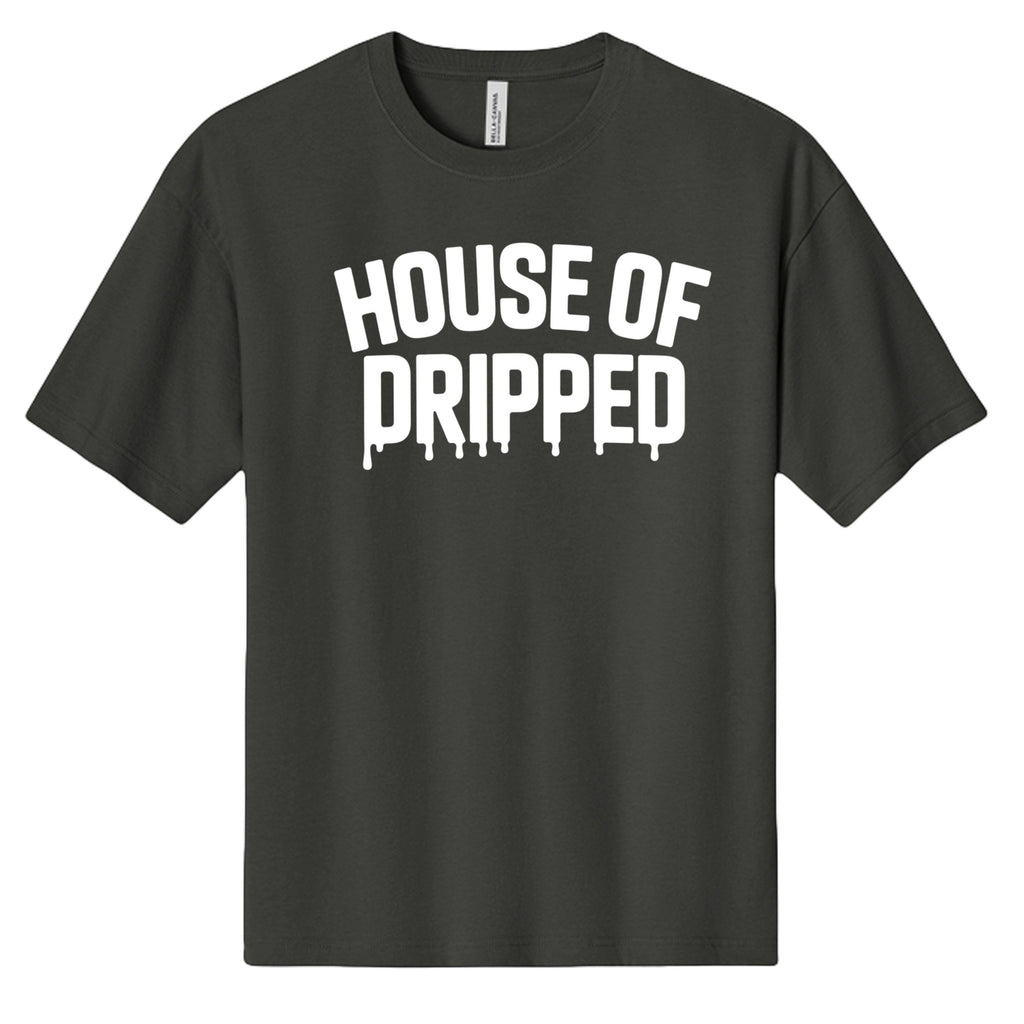 House of Dripped charcoal grey heavyweight cotton streetwear t-shirt with white arched logo graphic on the chest.