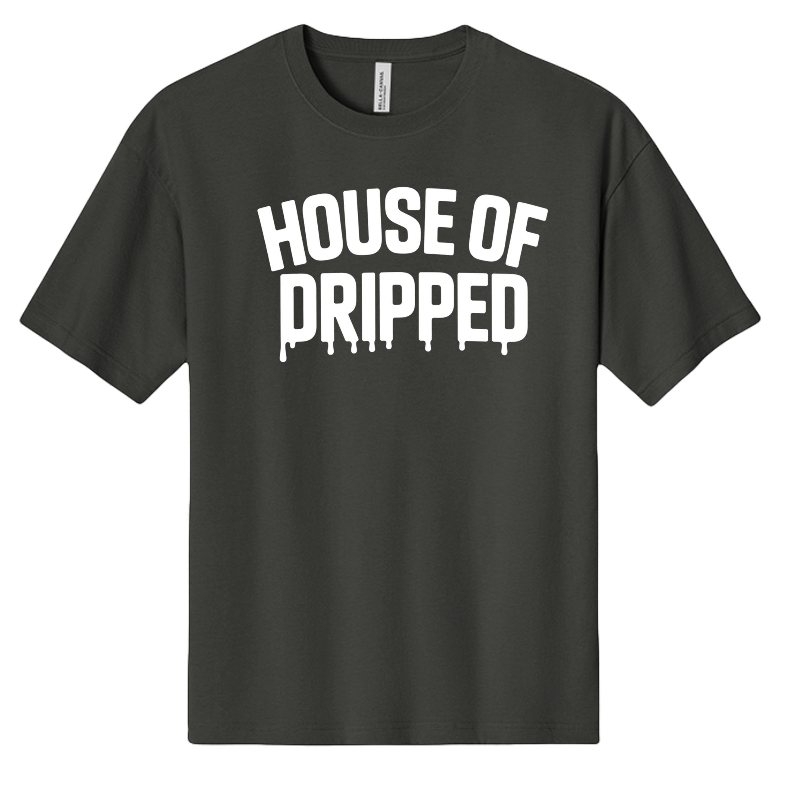 House of Dripped charcoal grey heavyweight cotton streetwear t-shirt with white arched logo graphic on the chest.