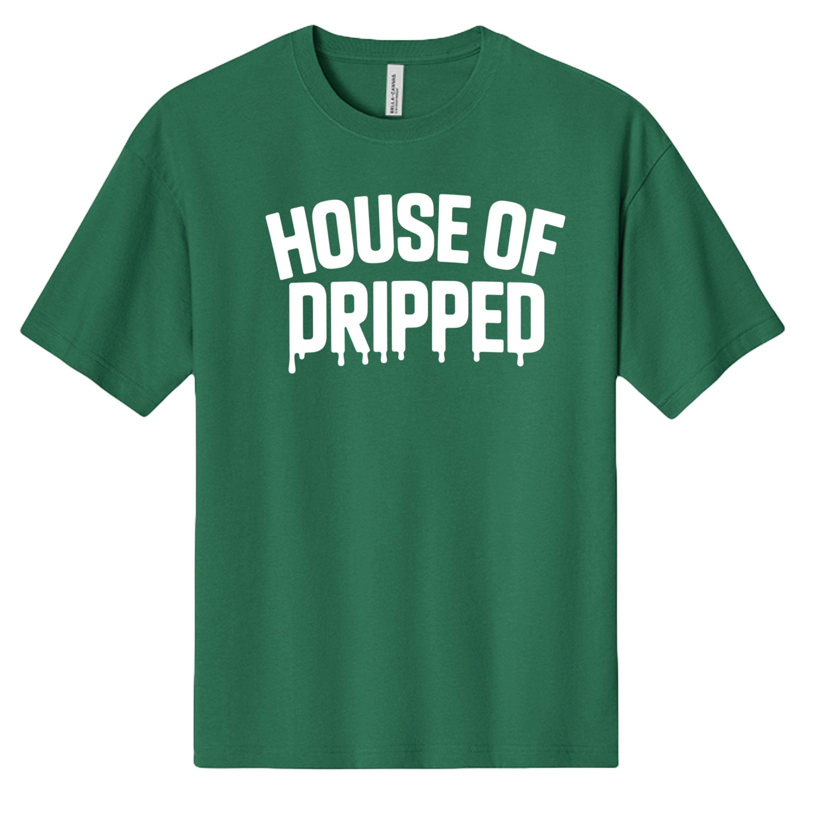 House of Dripped green heavyweight cotton streetwear t-shirt with white logo graphic on the front