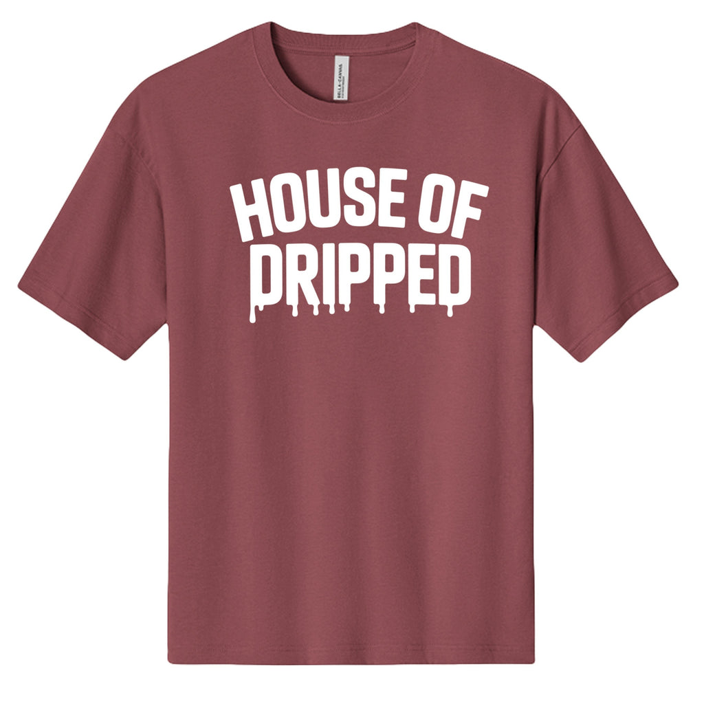 House of Dripped heavyweight cotton streetwear t-shirt in maroon with white logo graphic and relaxed fit
