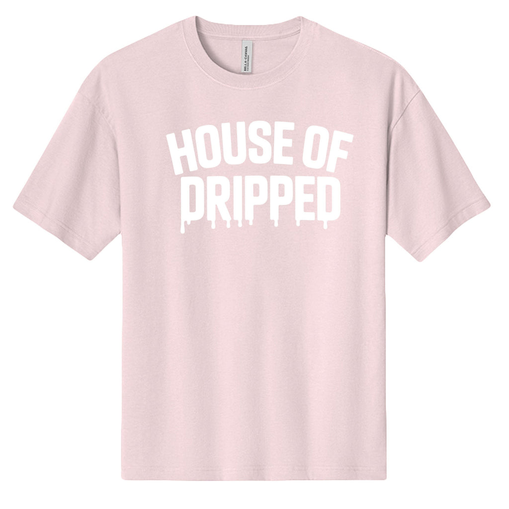 House of Dripped light pink heavyweight cotton streetwear t-shirt with white graphic wordmark logo on the chest