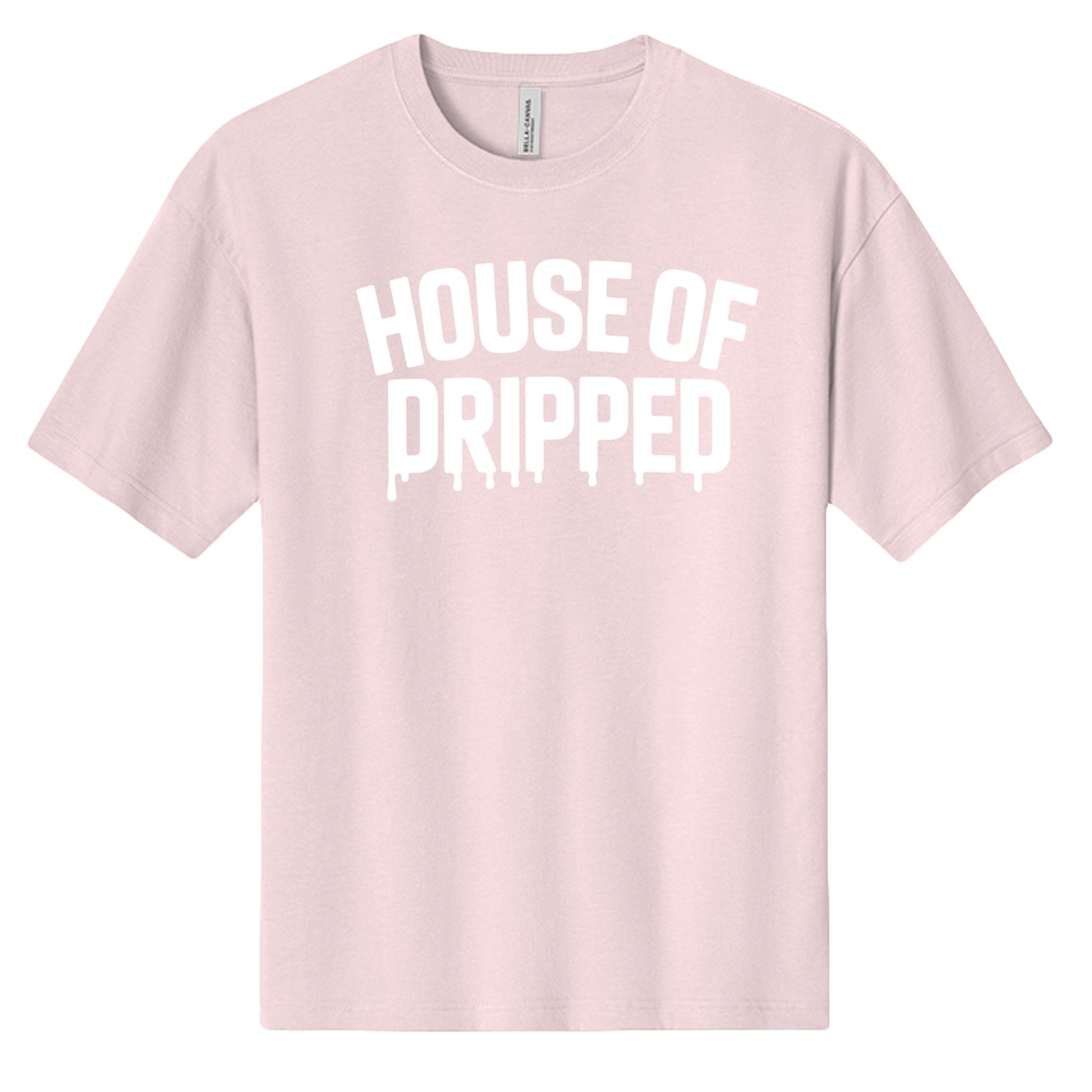 House of Dripped light pink heavyweight cotton streetwear t-shirt with white graphic wordmark logo on the chest