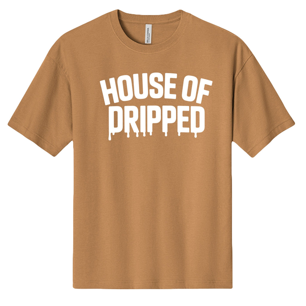 House of Dripped heavyweight cotton streetwear t-shirt in tan with white branded wordmark graphic on the chest.